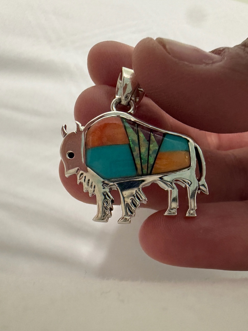 Silver-Tone Buffalo Pendant Necklace with Turquoise and Orange Inlay